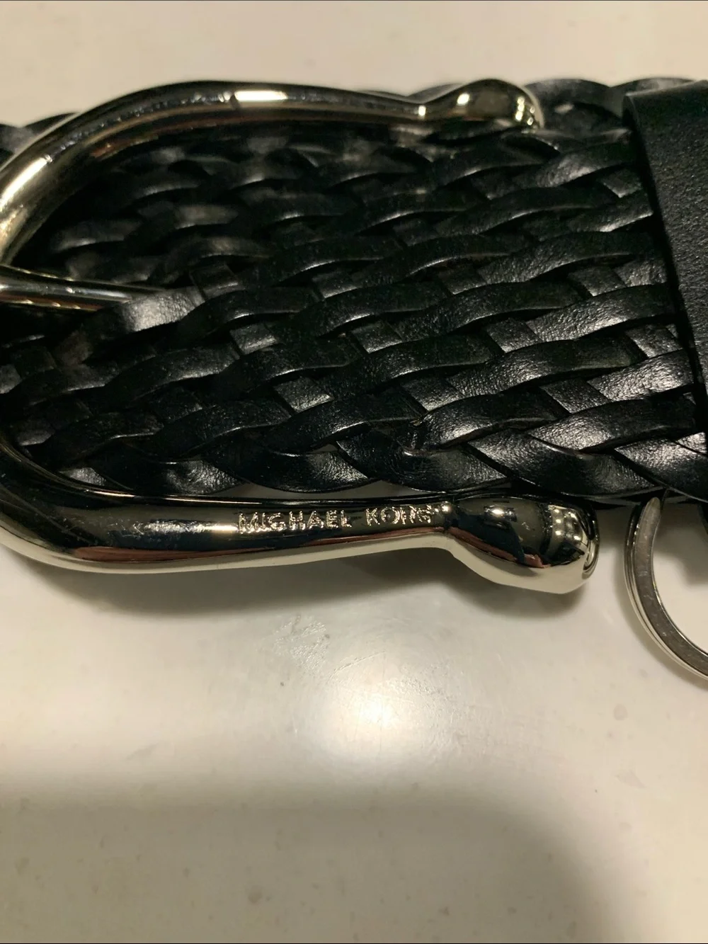 Michael Kors Black Braided Leather Belt Silver Buckle with Keychain Size XL NWOT
